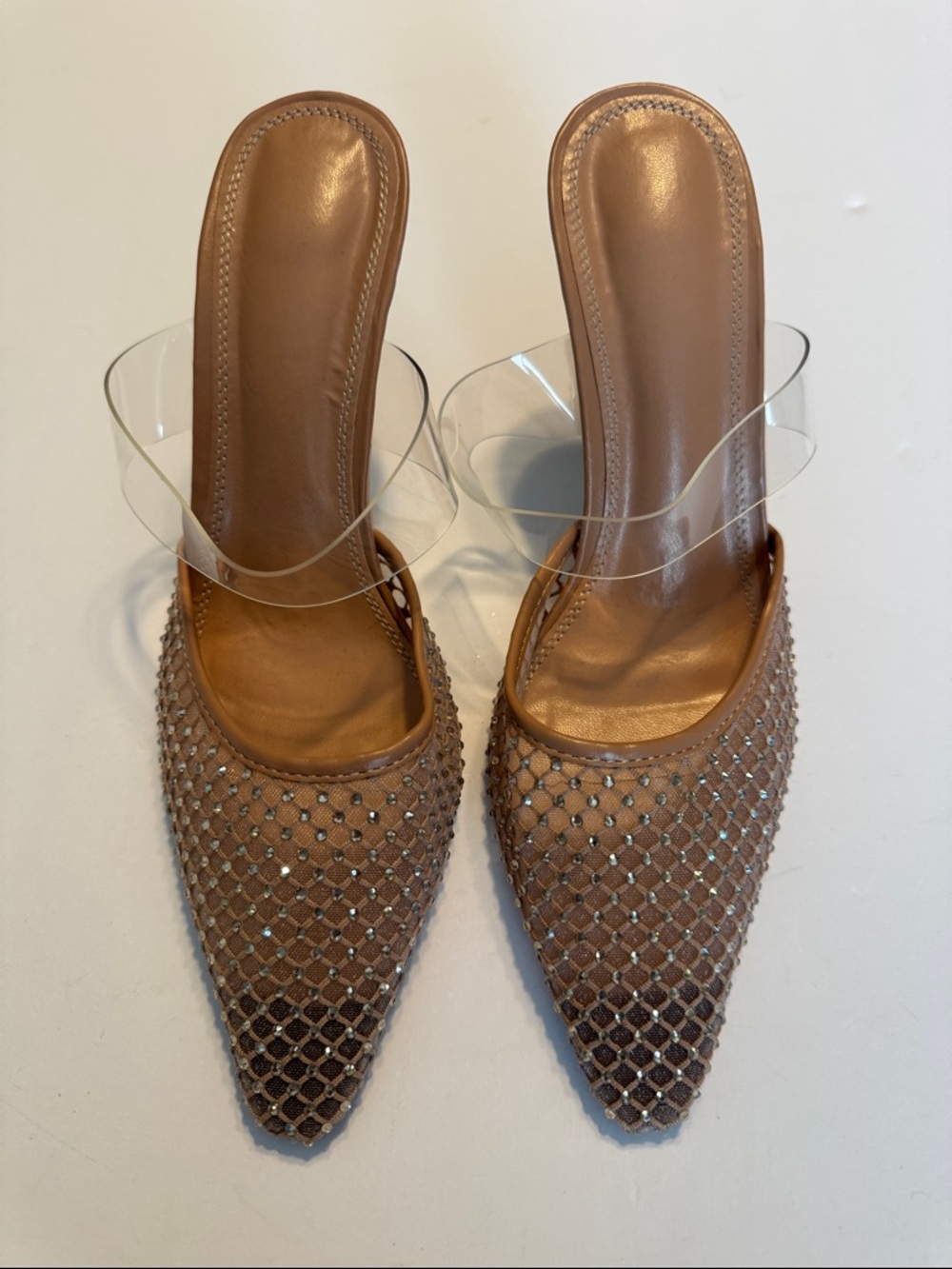 Rhinestone Mesh Pointed Toe Mule Heels Clear Strap Nude Size 37